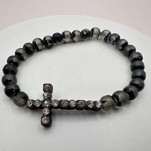Vintage 90s Clear Glass Beaded Cross Bracelet Goth Religious Fashion Jewelry 90s